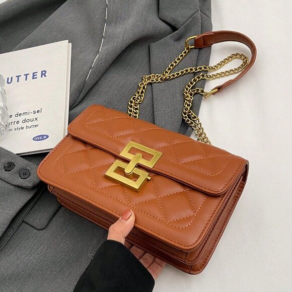 Brown Elegant Women's Square Crossbody Bag With Chain Strap - Picture 7 of 7